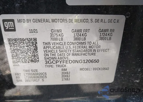 2022 Chevrolet Silverado 1500 Ltd 4Wd Short Bed Lt Trail Boss z USA, uszkodzony, nr VIN 3GCPYFED0NG120650